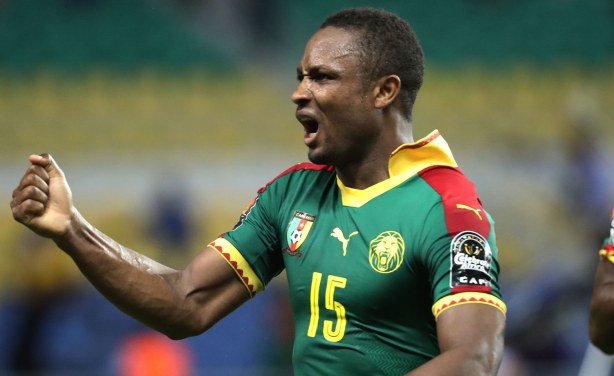 Sébastien Siani of Cameroon celebrates one of the goals that saw his side overcome Guinea-Bissau. Twitter: @kvoostende
