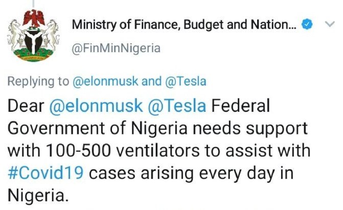 Nigerians Embarrassed As Ministry of Finance Begs Elon Musk, Tesla for Ventilators On Twitter
